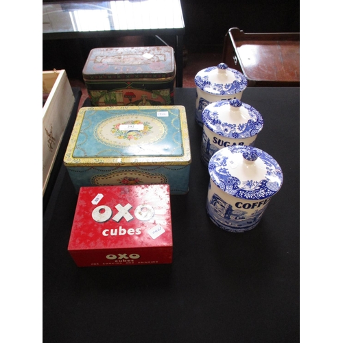 292 - Three Spode Blue Italian storage jars together with three vintage tins