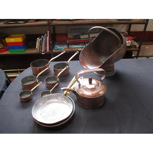 355 - A copper kettle, scuttle and saucepans