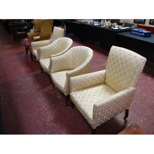 274 - Two pairs of armchairs upholstered in floral and ribbon design gold coloured fabric