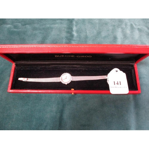 141 - A lady's Bueche-Girod 9 carat white gold bracelet wrist watch with diamond bezel