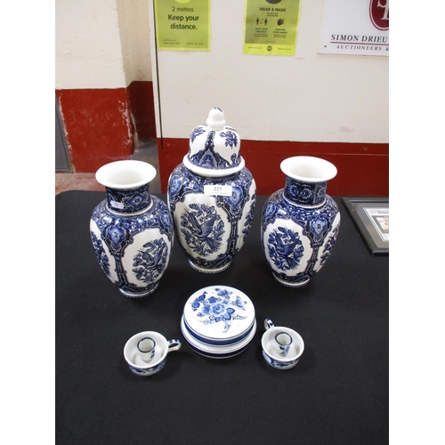 227 - A set of three blue and white vases together with a selection of Delft ware