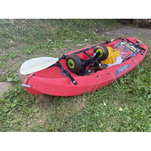 21 - A Frenzy kayak and paddle with trolley, buoyancy jackets and other accessories