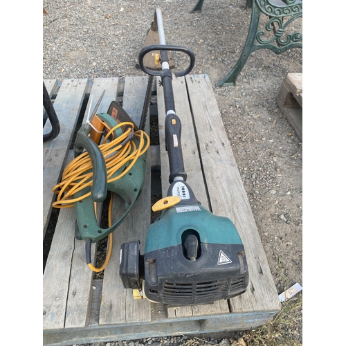 40 - A petrol pole strimmer together with an electric hedge cutter and a pair of shears