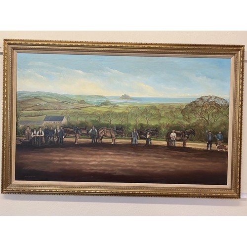 241 - Marjorie Zaman 1977 - vintage Jersey horse ploughing scene with Mont Orgeuil Castle in background