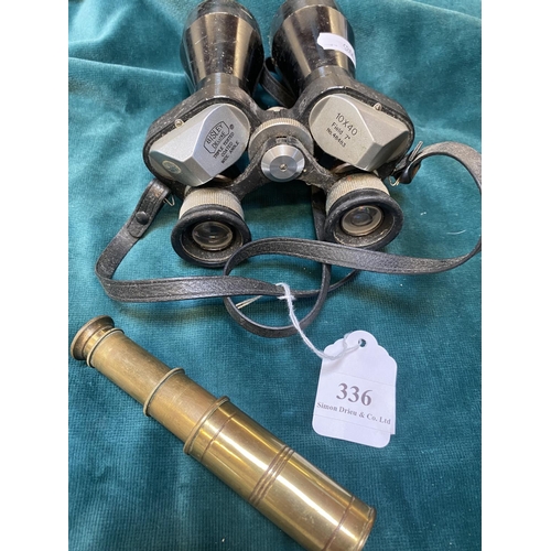 336 - A pair of Bisley Deluxe 10x40 binoculars together with a brass telescope of diminutive form