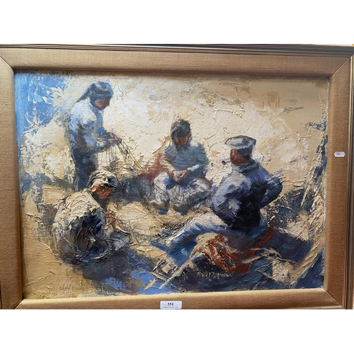 351 - Edith Rollin - fishermen mending a net, oil on canvas