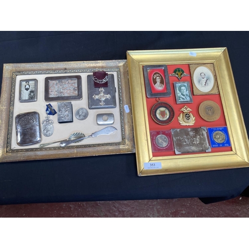 353 - Two frames containing silver and other items