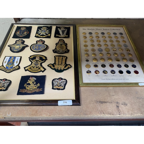 356 - A frame containing embroidered military badges together with a frame containing the Mayfair blazar b... 