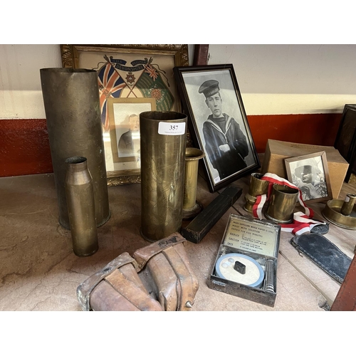 357 - Assorted pieces of trench art, other brass ammunition shells and assorted militaria