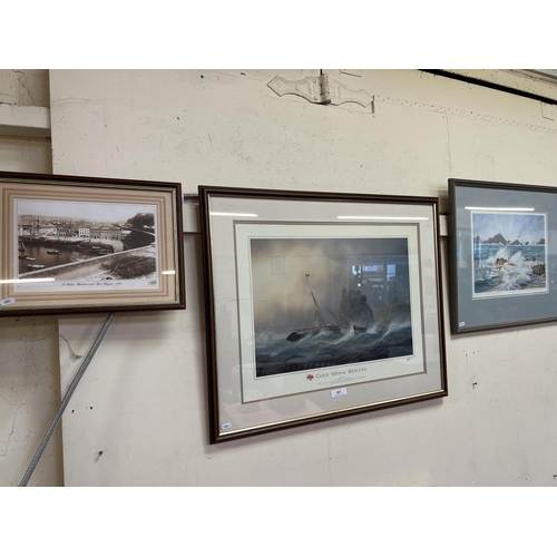 387 - Gold Medals Rescue Jersey, St. Helier Harbour and Fort Regent and Corbiere  Lighthouse, three framed... 