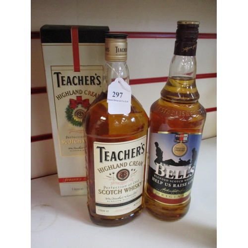 297 - A 1 litre bottle of Teachers Highland Cream Scotch whisky together with a 1 litre bottle Bells Blend... 