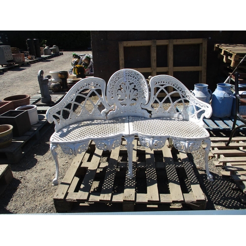 38 - A pierced aluminium triple chair back garden seat finished in white
