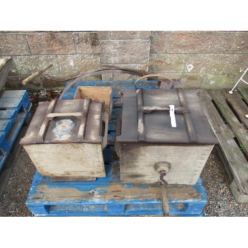 32 - Two vintage butter churns together with vintage farming implements