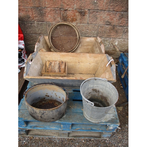 33 - Two pine troughs together with galvanised ware etc.