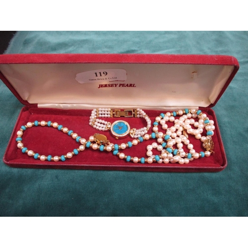 119 - A Jersey pearl wrist watch, necklace and bracelet set together with one other