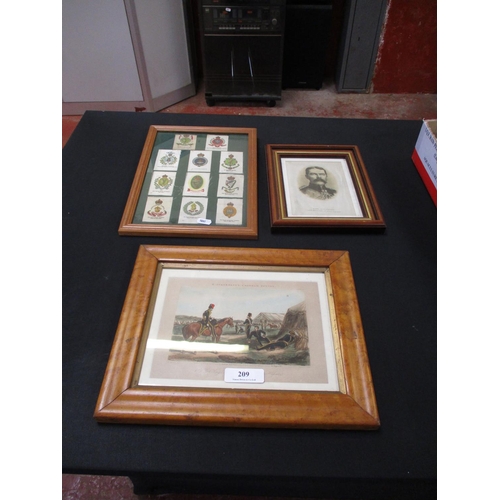 209 - A frame of regimental silks together with two pictures