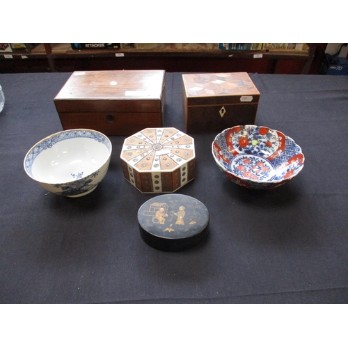 290 - Four ornamental wooden boxes together with two pieces of oriental china