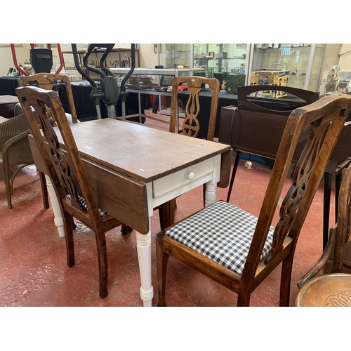 236 - A stained pine and white finished Pembroke table fitted a drawer together with four Edwardian dining... 