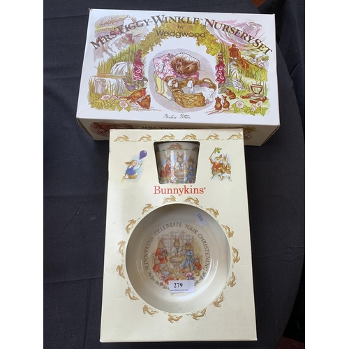 279 - A Wedgwood Mrs. Tiggywinkle nursery set together with a Bunnykins christening set