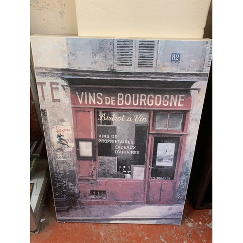 343 - A wall canvas depicting a Bistrot a Vin signed Chiu Tak Hak