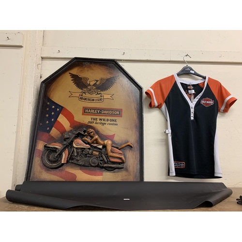 352 - A Harley Davidson wall sign, t-shirt and poster