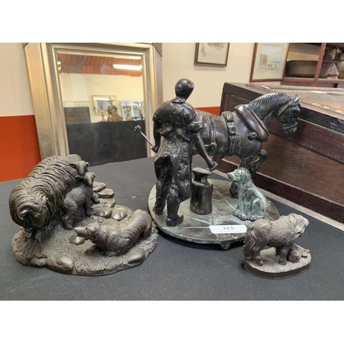 313 - A bronze model of blacksmith, a horse and a dog together with a model of a sheepdog and sheep and a ... 