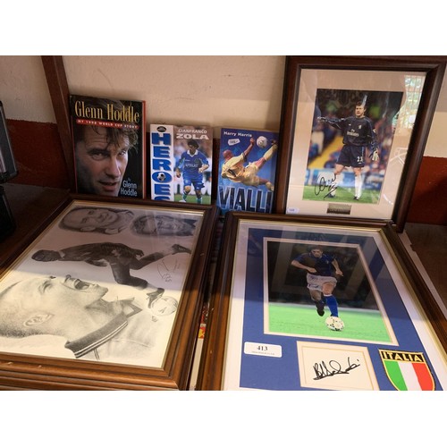 413 - Assorted signed football memorabilia and various books pertaining to Chelsea Football Club