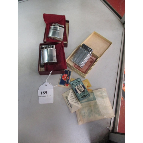 189 - Three vintage cigarette lighters, vintage razor blades etc.