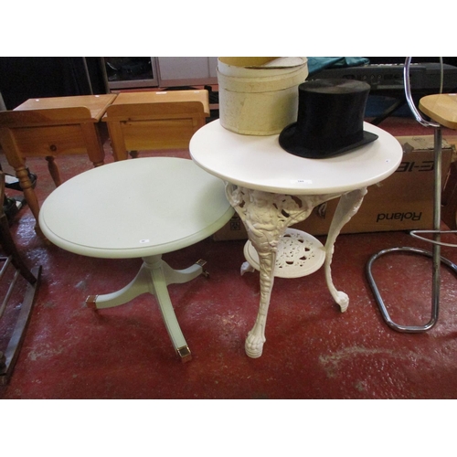 289 - A cast iron and hard wood bar table finished in off white together with a chalk painted circular lam... 