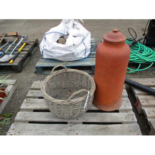 100 - A terracotta rhubarb forcing bell together with a vintage wicker basket