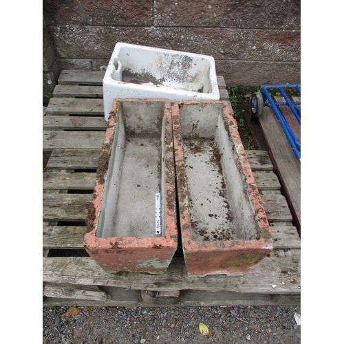 47 - A vintage Twyfords Belfast sink together with two reconstituted stone flower troughs