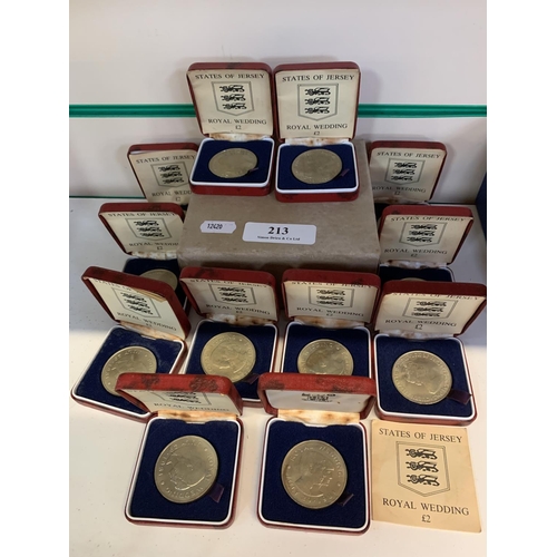 213 - Twelve commemorative States of Jersey Royal Wedding £2 coins in presentation boxes complete with ori... 