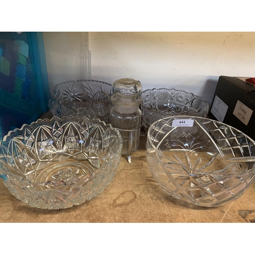 444 - Four crystal glass fruit bowls together with a glass pickle jar, stand and fork