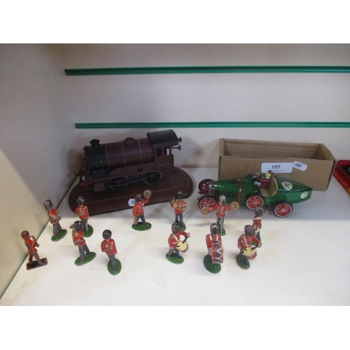 185 - A tin plate car, a vintage train and a collection of lead soldiers