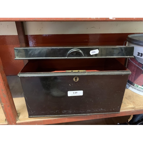 149 - A vintage metal deed box (keys with auctioneers)