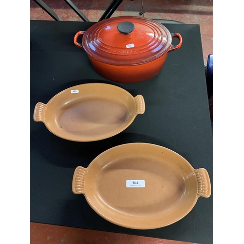 264 - A Le Creuset lidded casserole dish together with two other Le Creuset dishes