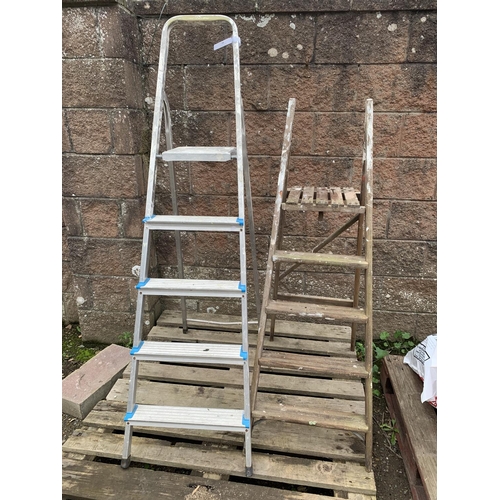 54 - An aluminium step ladder together with a wooden step ladder