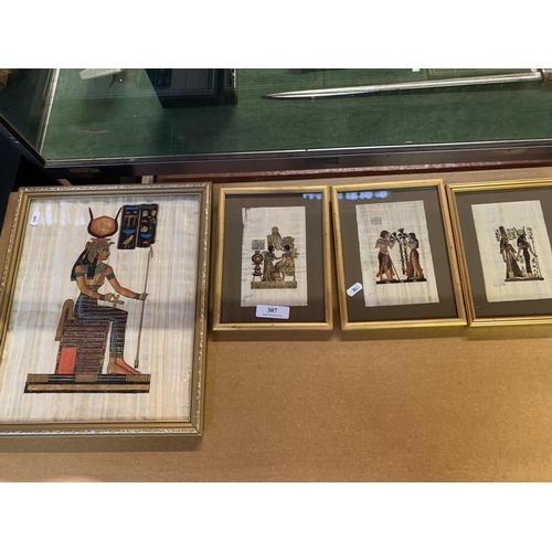 307 - A set of three Egyptian pictures on papyrus together with one other