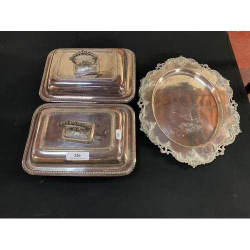 326 - A pair of silver plated lidded tureens together with a similar oval tray