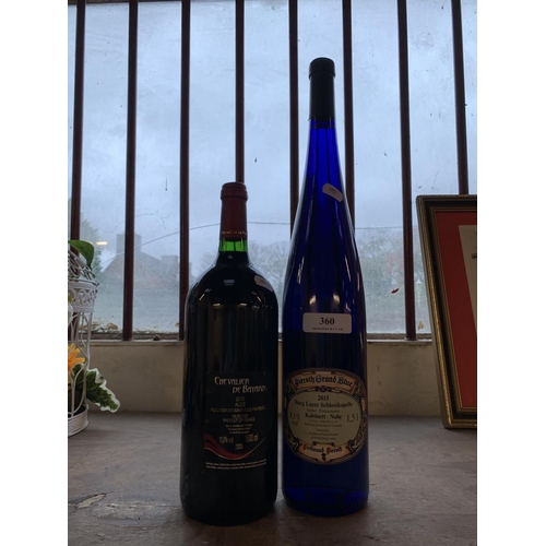 360 - A bottle of 2015 Pieroth Grand Blue white wine together with a bottle of Chevalier de Bayard red win... 