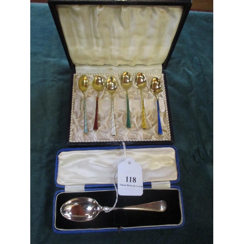 118 - A cased set of six Scandinavian silver and enamelled coffee spoons together with a tea spoon