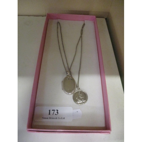 173 - Two silver necklaces together with a St. Christopher and a locket