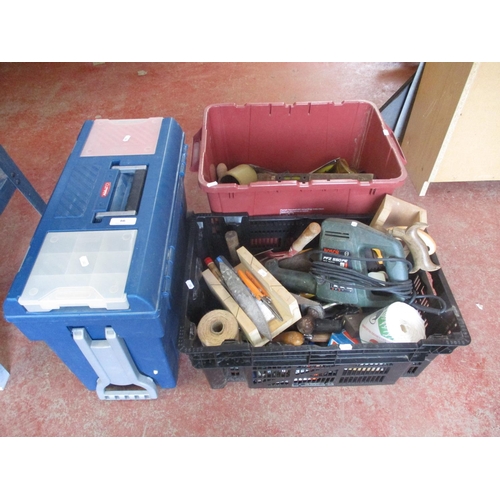 66 - A Curver wheeled work box together with an assortment of hand tools
