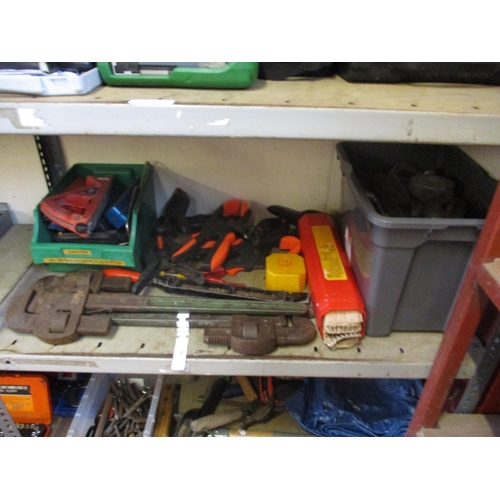 96 - Three pairs of stilsons, various clamps, welding rods, miscellaneous tools etc.