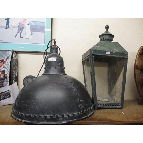 436 - A suspended circular light fitting in the industrial style together with a vintage street lantern sh... 