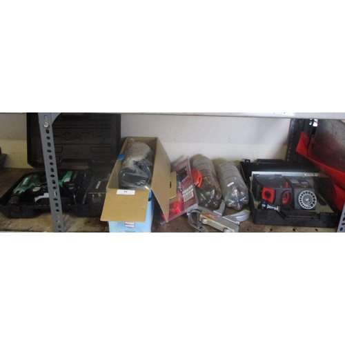 94 - A Hitachi cordless drill, a Silverline sander/polisher (new), a drill sharpener, drill bits, rivet g... 