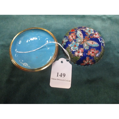 149 - An enamel circular lidded pin box with flower and butterfly decoration