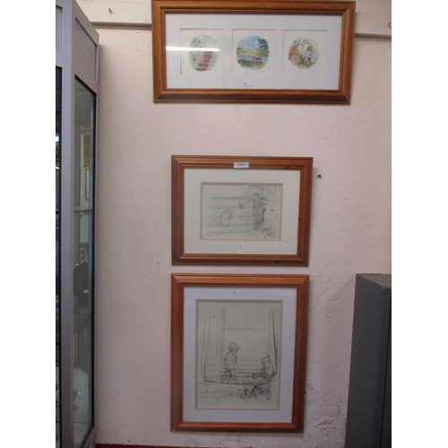 162 - A pair of pine framed Winnie the Pooh pictures together with a pine framed Winnie the Pooh tryptic