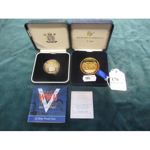 176 - An end of World War II 60th anniversary £2 silver proof coin together with a gold plated limited edi... 