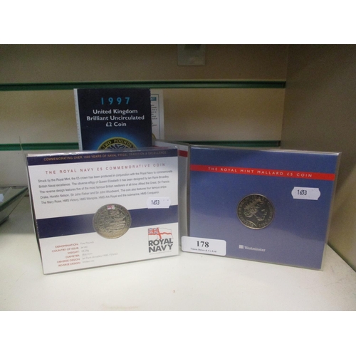 178 - A Royal Navy Jersey £5 commemorative coin, a Royal Mint The Golden Age of Steam £5 coin and a 1997 U... 